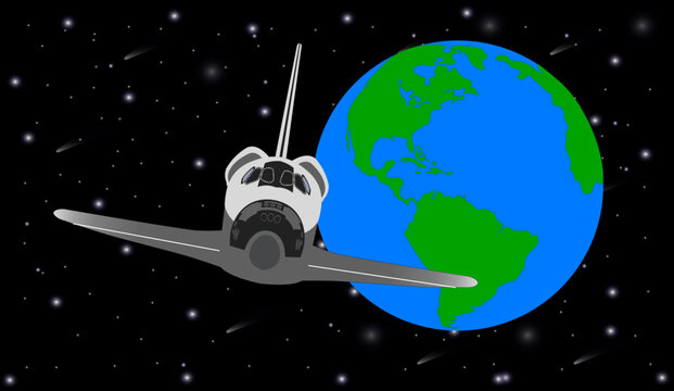 Space shuttle near the Earth planet of solar system with lens flare. vector illustration. Elements of this image were furnished by NASA.
