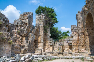 Fototapeta na wymiar Perge, Ancient Romans baths. Ruins of the city Perga, Greek colony from 7th century BC, conquered by Persians and Alexander the Great in 334 BC.