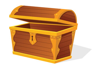 Chest. Empty old wooden chest for gold treasure. Cartoon ancient container for pirates isolated vector icon on white. Game wooden antique box for treasure