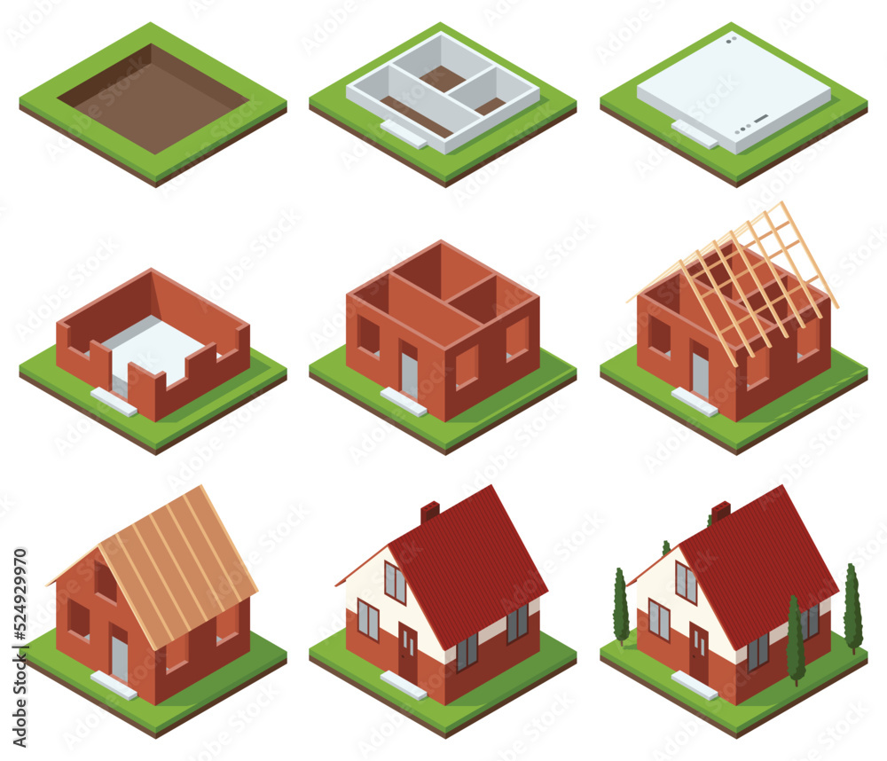 Wall mural house construction isometric set stage-by-stage. visualization of modern building on different build