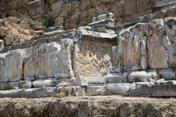 Marble carved decorations of the  amphitheatre city Perge. Ancient Greco-Roman city Perga. Greek...