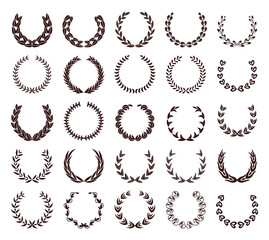 Vintage laurel wreaths set. Collection of different black silhouette circular signs depicting an award achievement heraldry, nobility, emblem. Laurel wreath award, prize or victory set