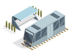 City transport isometric. Waiting station without people. Public urban transportation infographic illustration.Town traffic. Vector modern 3d concept. Tram stop isolated on white background