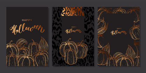 Obraz na płótnie Canvas Set of luxury golden template for Halloween. Bronze pumpkins and scribble texture on black background. Poster, banner, cover with Happy Halloween lettering