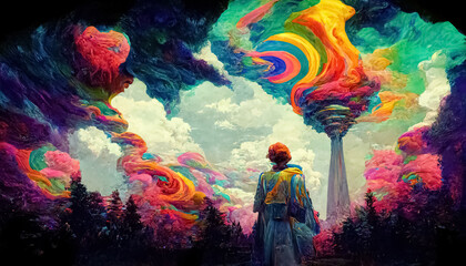 Obraz na płótnie Canvas Psychedelic trippy LSD or magic mushrooms hallucinations hippie concept design. 3D illustration.