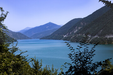 Fototapeta na wymiar View of the Zhinvali Reservoir, a picturesque artificial reservoir in Georgia