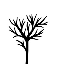 Hand drawn tree silhouette isolated. Black doodle tree illustration.