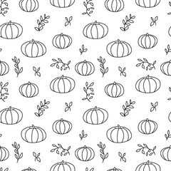 Hand drawn pumpkin seamless pattern isolated on white background. Doodle pumpkin with leaves pattern vector