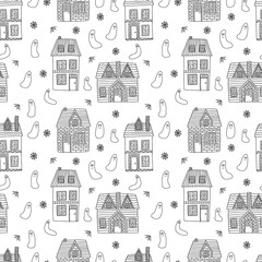 Hand drawn country house with ghost and web seamless pattern. Scandinavian house with roof vector doodle pattern isolated on white background. Halloween background.