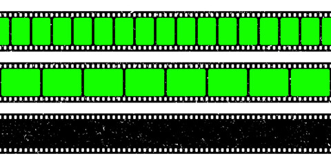 Realistic grunge film strip, camera roll. Old retro cinema movie strip with blank green chroma key background. Analog video recording and photography. Visual effects compositing. Vector illustration