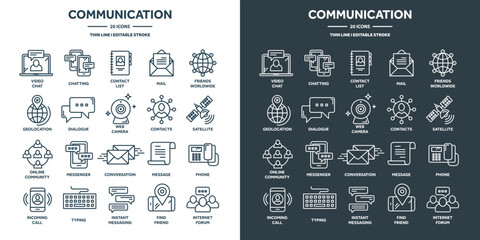 Communication, social media and online chatting. SMS, phone call, messaging in smartphone messenger application. Computing, email web services support. Thin line icons set. Vector illustration