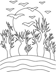 Vector Halloween landscape coloring page. Scary trees with moon and bats black and white vector sketch