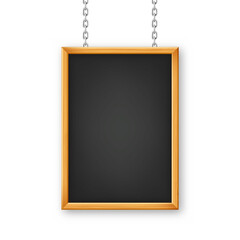 Signboard in a wooden frame hanging on a metal chain. Restaurant menu board. School chalkboard, writing surface for text or drawing. Blank advertising or presentation board. Vector illustration