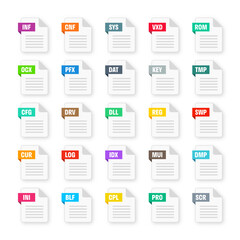 Common system file formats. Document types and extensions. Flat style icons collection. Document pictogram, web design UI element, template. Computer program or application icon. Vector illustration
