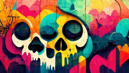 Zelfklevend Fotobehang Kleurrijke graffiti muur achtergrond met een schedel © Element
