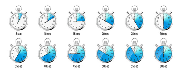 Realistic classic stopwatch icons. Shiny metal chronometer, time counter with dial. Blue countdown timer showing minutes and seconds. Time measurement for sport, start and finish. Vector illustration