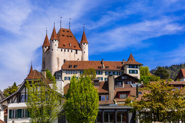 Switzerland travel and landmarks. Famous Thun lake and Thun town with medieval castle popular tourist destination