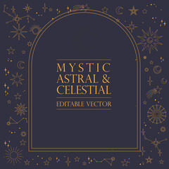 Fototapeta na wymiar Astral celestial frame with stars, hands, sun, moon phases, and copy space. Mystic design. Ornate magical banner with a place for text. Linear geometric border