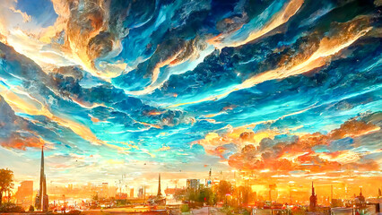 Epic sky clouds over futuristic city