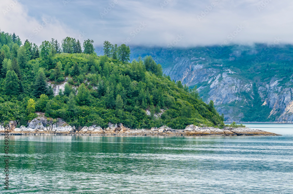 Wall mural a view of a spur on the shoreline of glacier bay next to the margerie glacier, alaska in summertime