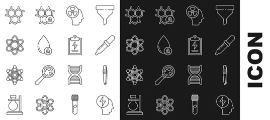Set line Head and electric symbol, Tweezers, Pipette, Human head radiation, Water drop, Atom, Chemical formula and Laboratory clipboard with checklist icon. Vector