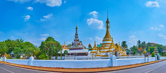 Panorama with Viharn of Wat Chong Kham Temple and Chedi of Wat Chong Klang, Mae Hong Son, Thailand