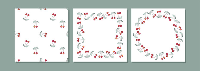 Cherry background collection. Seamless pattern round and square frames with copy space on white background. Backgrounds for textile, wrapping paper, wallpaper, cover design, card, banner