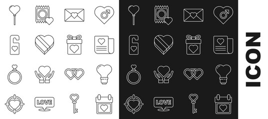 Set line Calendar with heart, Heart shape in light bulb, Envelope Valentine, Candy shaped box, Please do not disturb, Balloons form of and Gift icon. Vector