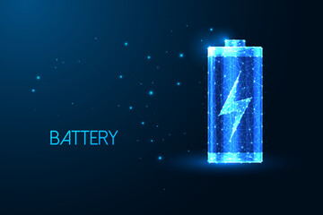 Abstract battery with charging symbol of in futuristic glowing low polygonal style on dark blue  - obrazy, fototapety, plakaty