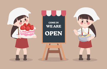 Cartoon hand drawn character cute chef in bakery shop. Character vector design.