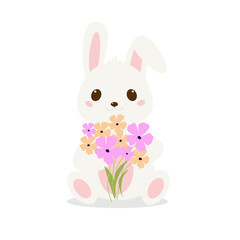 Cute baby rabbit holds flowers. Drawn in cartoon style. Vector illustration for designs, prints and patterns. Isolated on white background.