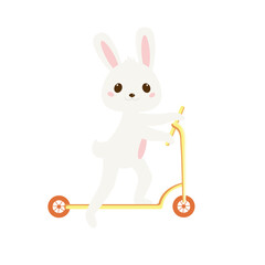Fototapeta na wymiar Cute baby rabbit rides a scooter. Drawn in cartoon style. Vector illustration for designs, prints and patterns. Isolated on white background.