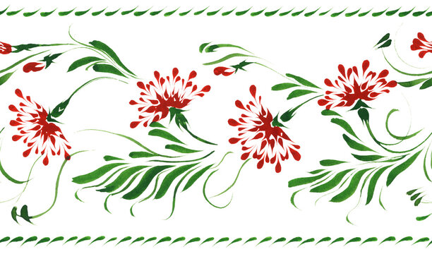 Ukrainian folk painting style Petrykivka. Floral watercolor seamless border pattern from red flowers and green leaves isolated on a white background. Ethnic design