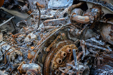 Close-up of the engine of a destroyed russian BMD-2 Airborne Fighting Vehicle after combat strike of Ukrainian armed forces