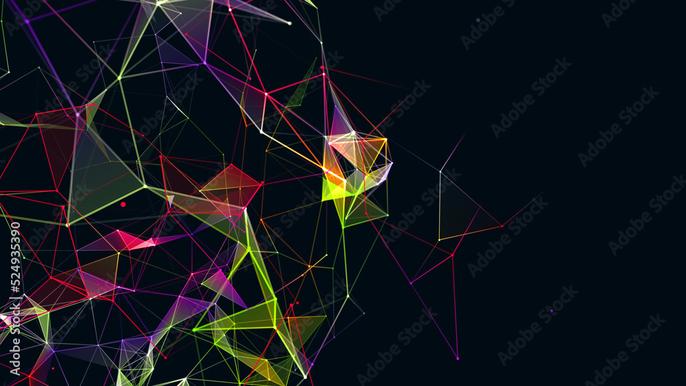 Fototapete Abstract rainbow background. Pattern of  damaged network, fragments, plexuses. Connecting points and lines. Worldwide computer network. Chaotic web. Poster technologies, medicine, websites.