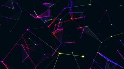 Abstract color chaotic glowing background. Constellation design, outer space. Texture of geometric shapes, triangles, lines, dots, particles. Starry sky. Poster technology, business, social networks.