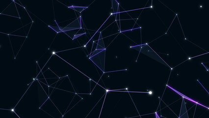 Obraz premium Abstract chaotic glowing background. Constellation design, outer space. Texture of geometric shapes, triangles, lines, dots, particles. Starry sky. Poster for technology, business, social networks.