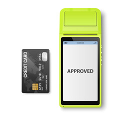 Vector 3d NFC Payment Machine with Approved Status and Credit Card Isolated. Wi-fi, Wireless Payment. POS Terminal, Machine Design Template of Bank Payment Contactless Terminal, Mockup. Top VIew