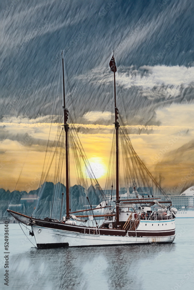 Wall mural an illustration of a private sail, two mast ship, in the harbor of bergen, norway.