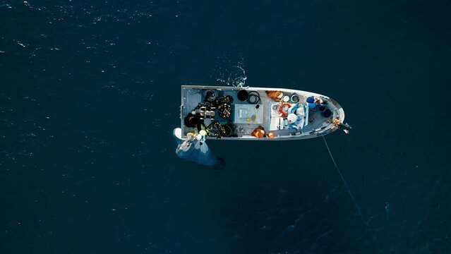 Fishermen crew work hard together pulling out net with caught sea fish on their trawler boat waving in blue waters ocean. Effective teamwork. Aerial top view shot