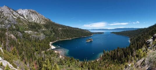 Panoramic View of Large Bay and Lake with Boats, Small Island, Trees and Mountains. Summer Season. Emerald Bay, Lake Tahoe. California, United States. Nature Background. Panorama