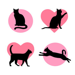 Little funny kittens as stickers for web design. Black cats on the pink background as sticker pack for design websites, applications or social network communication. 