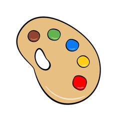 Wooden palette with paints. Cartoon. Vector illustration. Isolated on white background