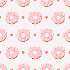 Pink donut and hearts seamless pattern