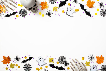 Happy Halloween holiday concept. Double border frame made of Halloween decorations, ghosts, bats,...