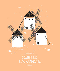 Traditional white mills of the Spanish region of Castile-La Mancha. Design element for souvenir products. Vector illustration isolated.