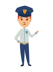Kid profession policeman. Cartoon young person in professional uniform. Cute children occupation vector illustration. Boy character in professions suit