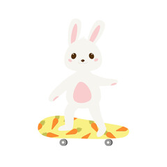 Cute baby rabbit rabbit riding a skateboard. Drawn in cartoon style. Vector illustration for designs, prints and patterns. Isolated on white background.