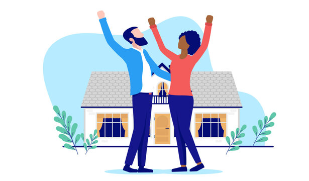 Buying first home - Interracial couple purchasing their first house celebrating and being happy. Flat design vector illustration with white background