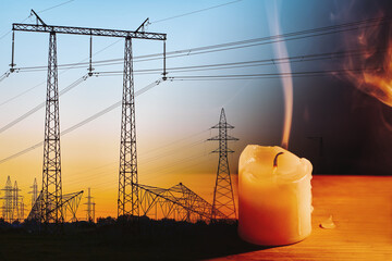 Extinguished candle and power lines on background. Energy outage and blackout. Energy crisis. Price increase of electricity for home and industry.
